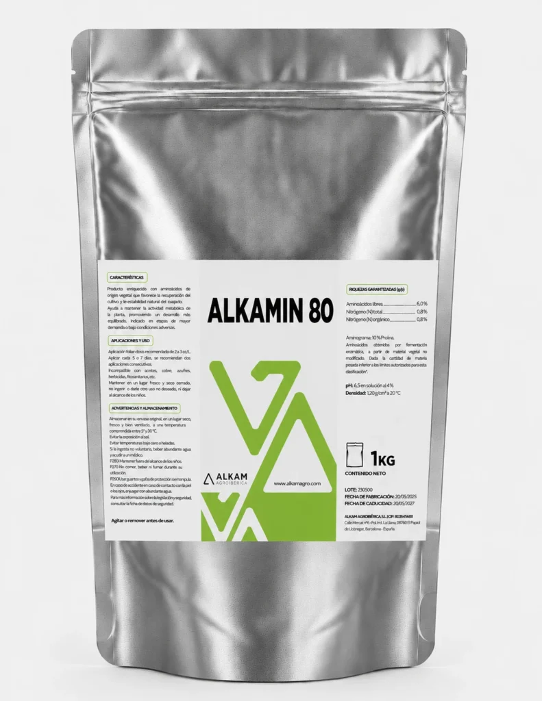 Envase de ALKAMIN 80, gama Bioactivadores de Alkama Agro