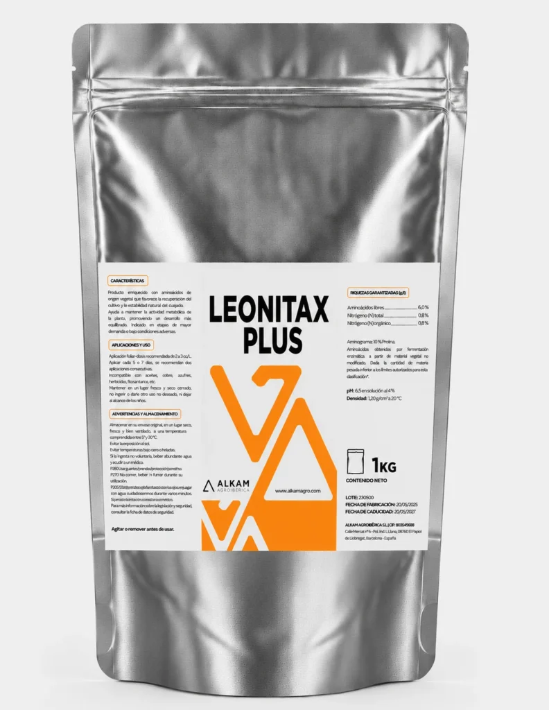 Envase de LEONITAX PLUS, gama Mejoradores de suelo de Alkama Agro